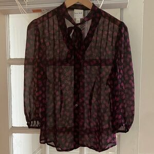 KATE HILL Sheer Black and Pink Floral Tie Neck Blouse